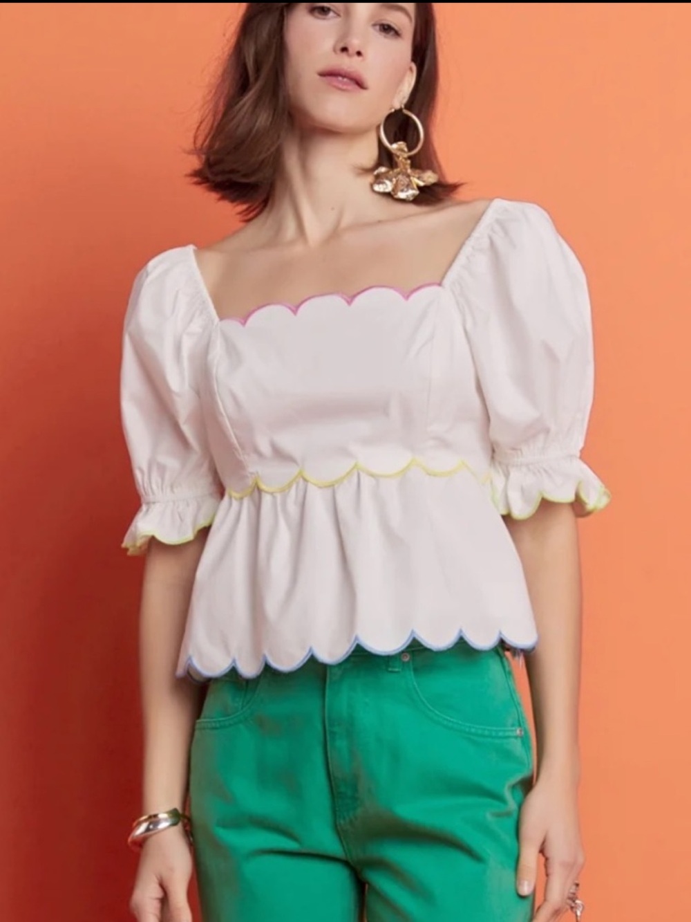 English Factory White Scalloped Puff Sleeve Blouse with Multicolor Trim